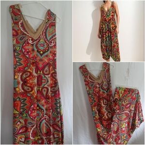 Vibrant Paisley V-Neck Jumpsuit - Multicolor